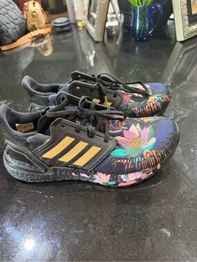 adidas Black Floral Knit Sneakers with Gold Stripes and Multicolor Flowers